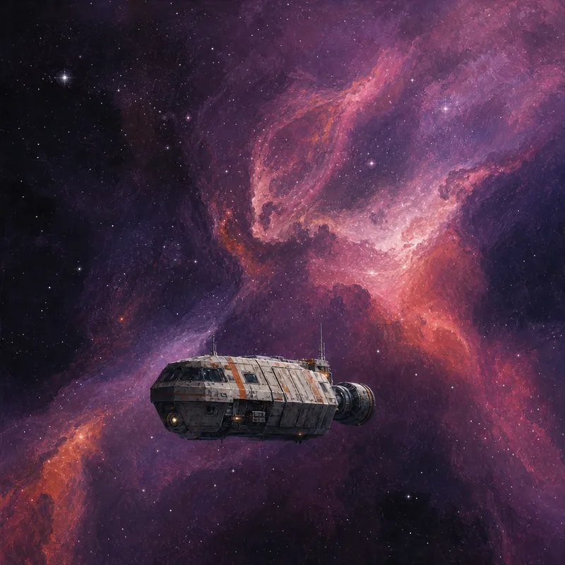 A small freighter coasting silently across deep space.
