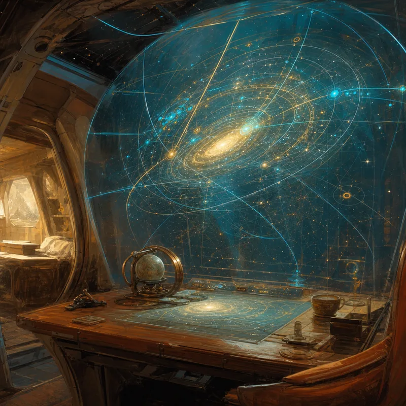 A captain studying glowing star charts across a softly lit console, planning routes across the sector.