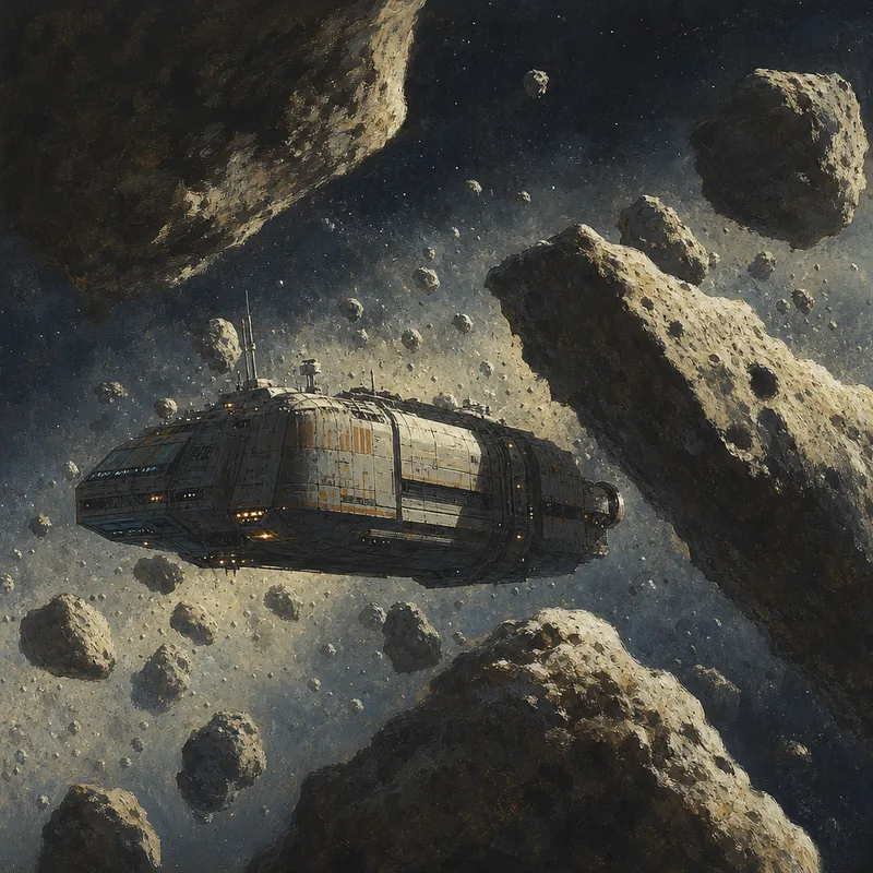 A freighter threading slowly through a drifting asteroid belt.