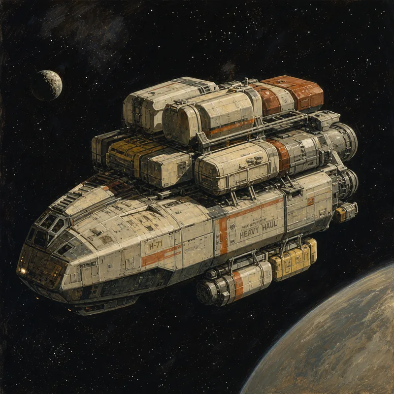 A freighter loaded with extra cargo containers along its dorsal racks.