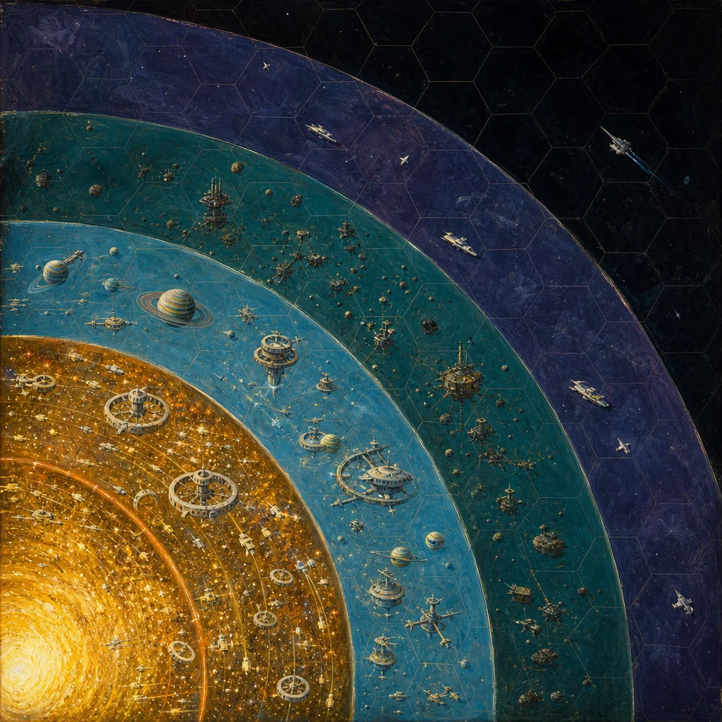 A 90-degree pie-slice of the SPAR Sector galaxy: five concentric zones radiating from a bright golden core out into the dark indigo frontier.