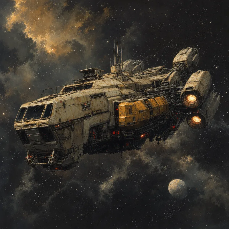 A weathered blocky industrial freighter drifting in deep space.