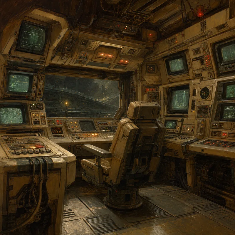A lived-in cockpit lit by the green-and-amber glow of CRT monitors.