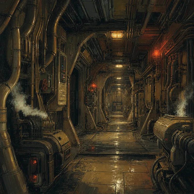 An industrial engineering corridor with steam venting from valves.