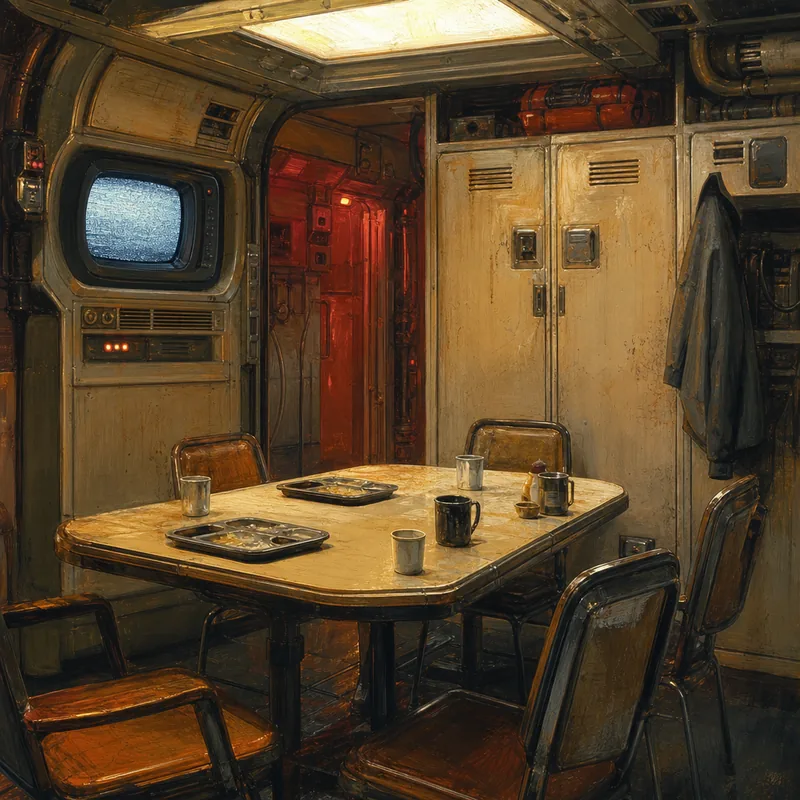 A small lived-in crew mess hall with a worn formica table.