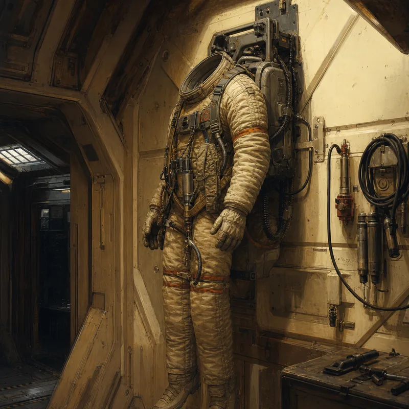 An industrial vacuum work suit hanging on a wall rack inside an airlock.
