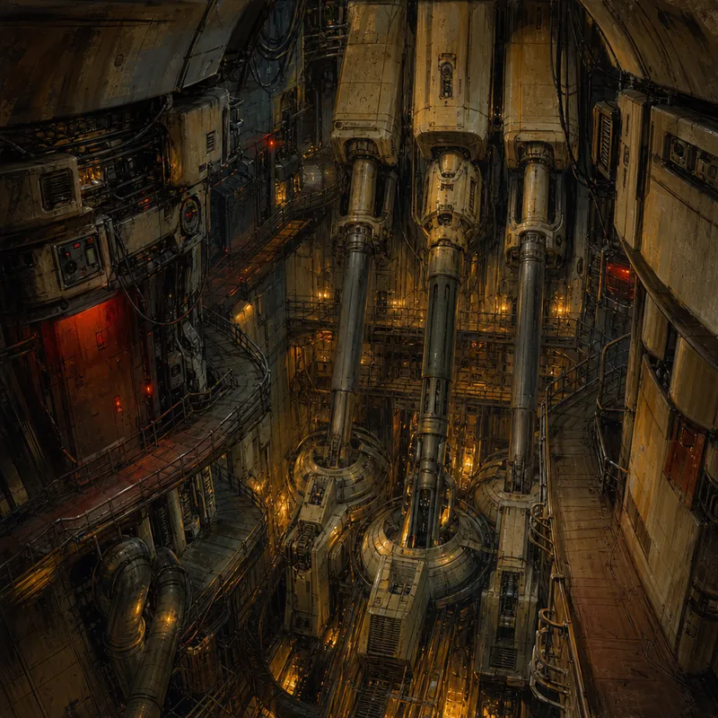 A cathedral-sized engine bay with vertical pistons and walkways.