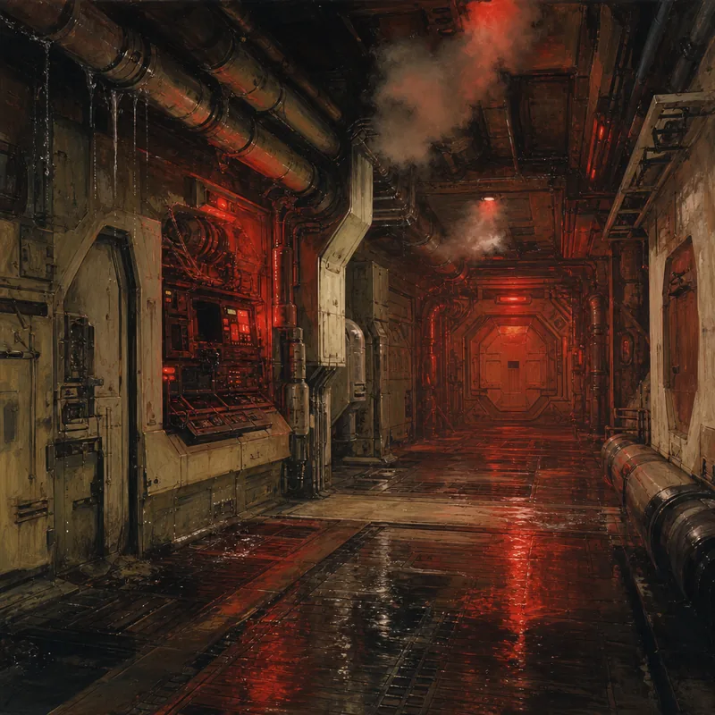 A freighter corridor bathed in red emergency strobe lighting.