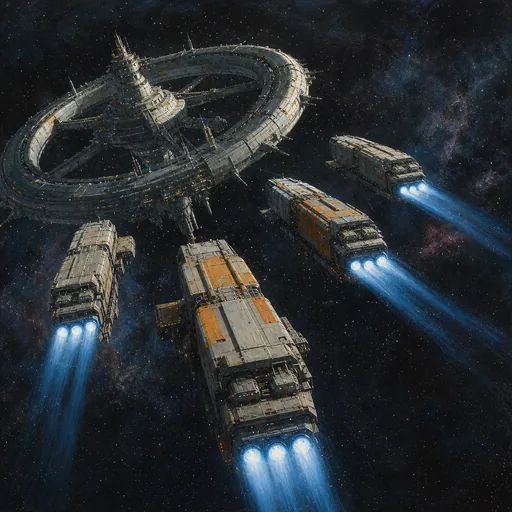 A pair of MULE-style cargo freighters departing a station under a glowing engine wash.