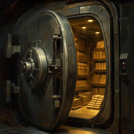 Inside a heavy ISP Bank vault, neat rows of stacked credit ingots glowing under amber overhead lights.