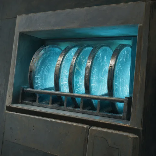 A glowing rack of small data discs in a ship-board memory bank under soft cyan light.