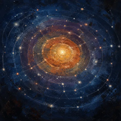 A top-down painted fragment of a galactic sector with star points connected by faint warp arcs across concentric zone bands.