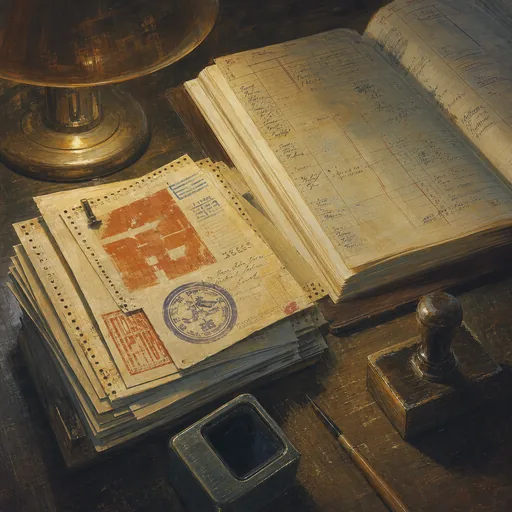A still life of stamped paper permits and an open ledger book on a wooden desk under warm lamplight.