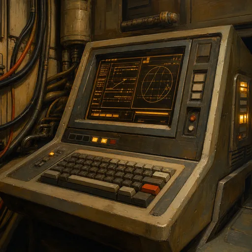 A vintage terminal console with chunky keyboard and a status screen showing soft amber readouts.