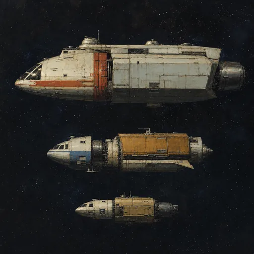 Three civilian utility freighter spacecraft of differing sizes lined up in profile against a dark starry background.
