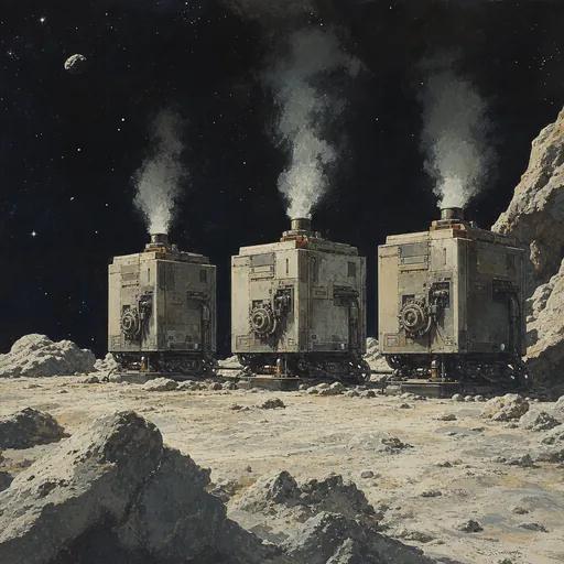 Three small unmanned cube-shaped processing modules on a dusty asteroid, vapor venting from their stacks.