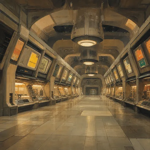 A Trade Floor concourse inside a space station, rows of ticker boards glowing above empty kiosks.