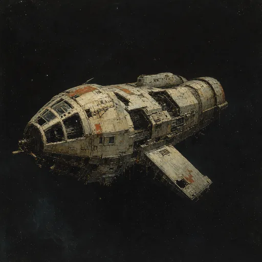 A single small abandoned freighter wreck drifting alone in deep empty space.