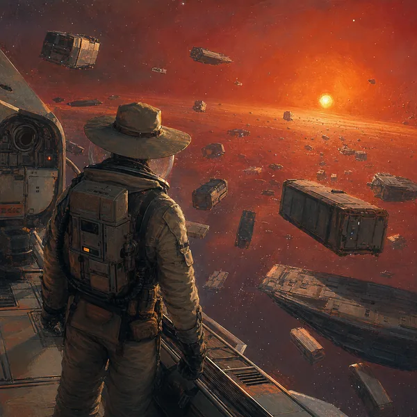 A weathered character in a tan space suit and wide-brimmed cowboy hat, standing in a salvage drift with a hand on a hand-rebuilt MULE freighter.