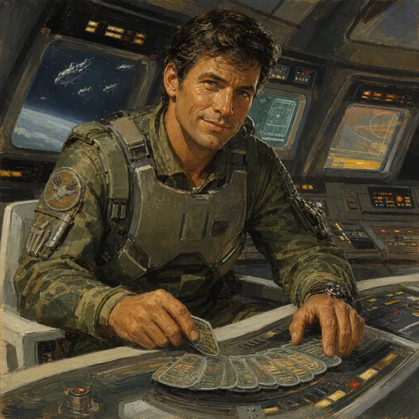 A figure in olive-drab tactical camo flight gear seated at a starship console, fanning out a hand of futuristic data discs.